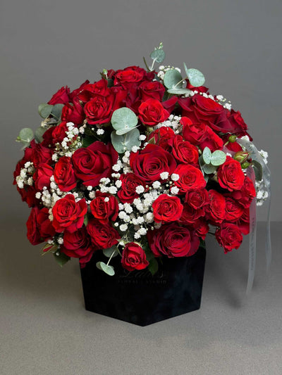 Scarlet Symphony – Red Roses Arrangement in a Flower Box