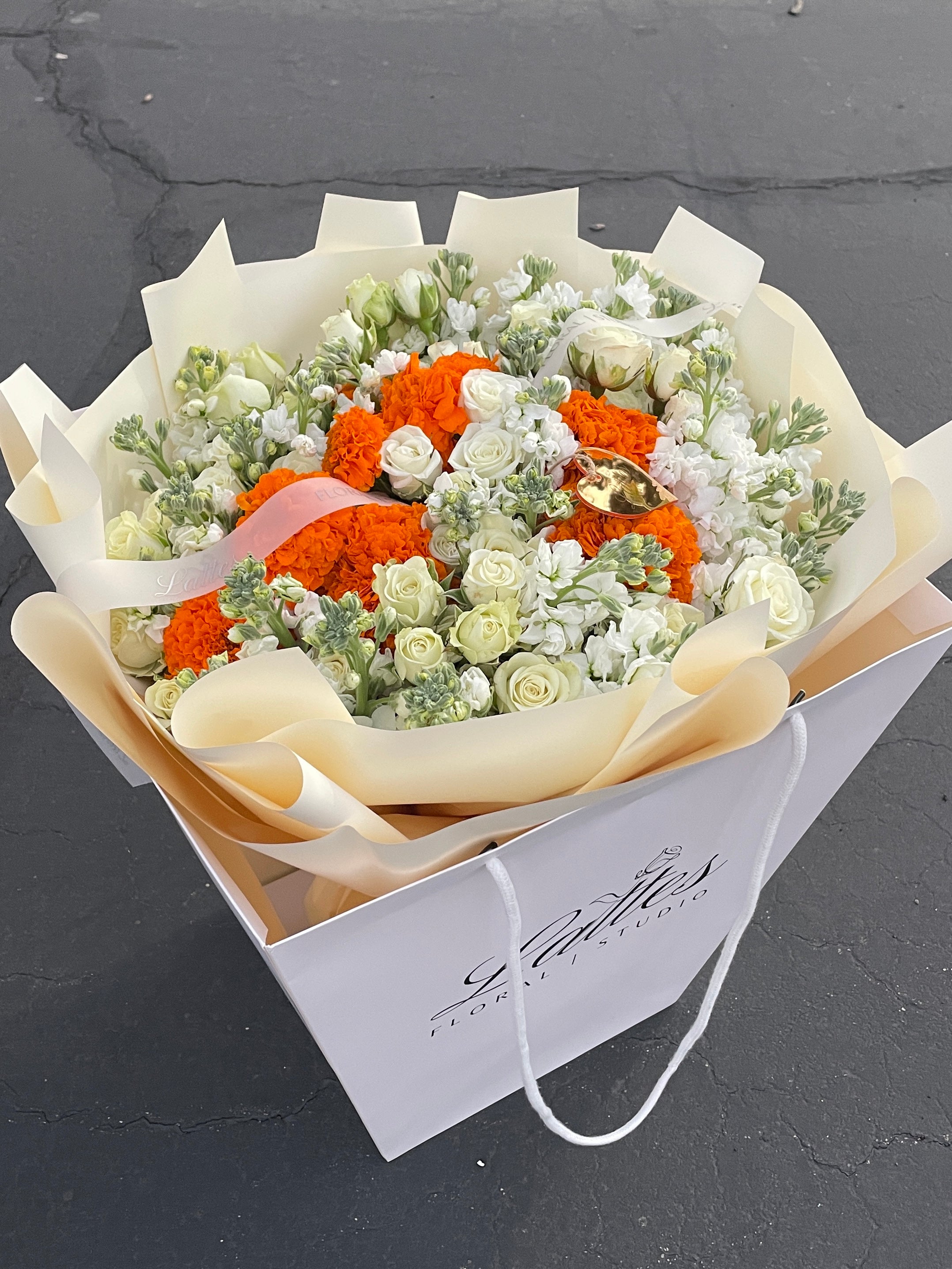 Golden Grace – White and Orange Flowers Bouquet