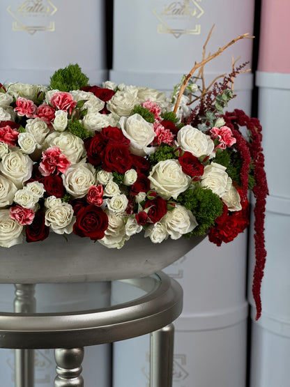Imperial Romance – Red & White Roses in a Vase Arrangement