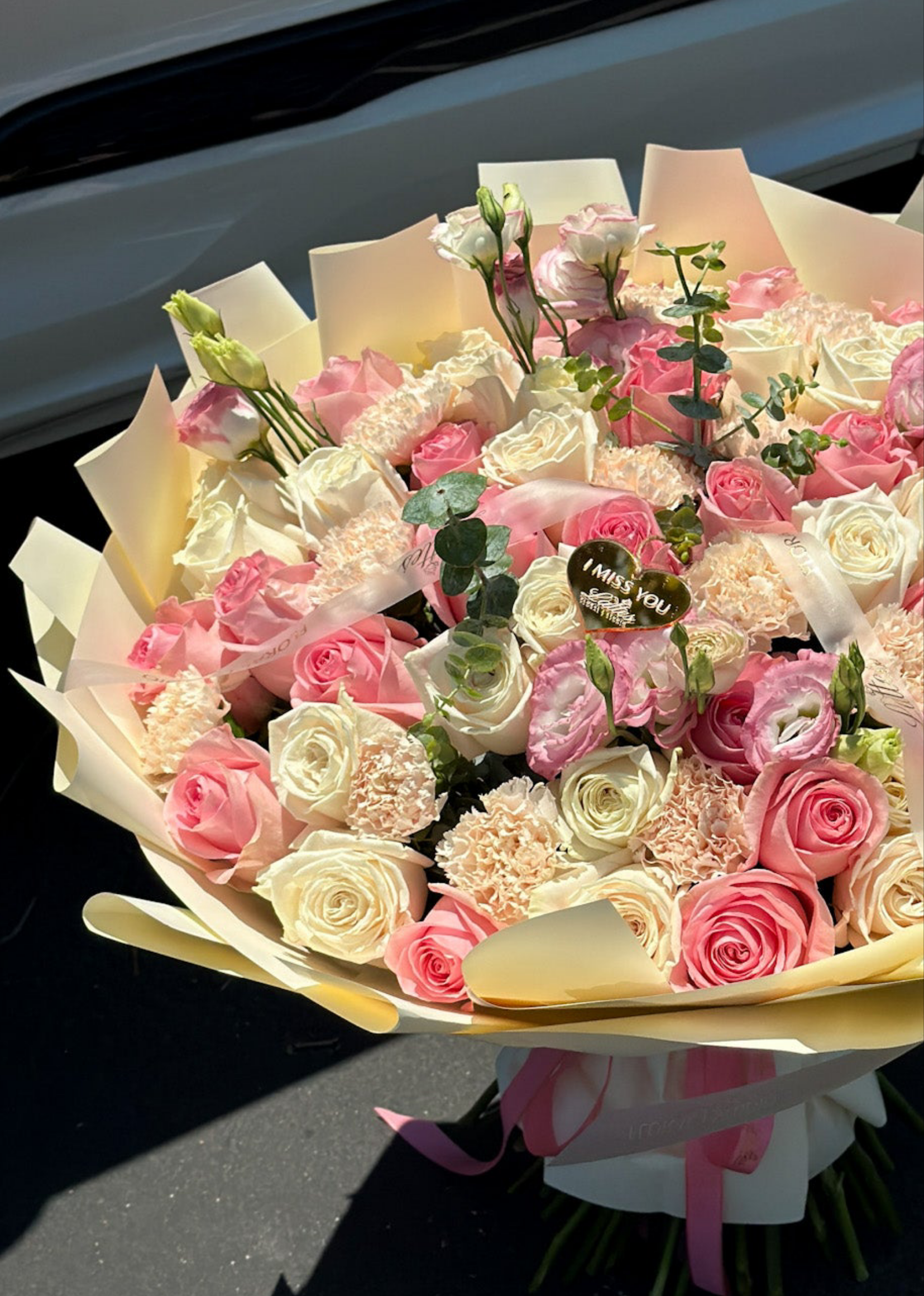 Blush Melody – Flower Bouquet with Pink Roses, White Spray Roses, Lisianthus & Carnation
