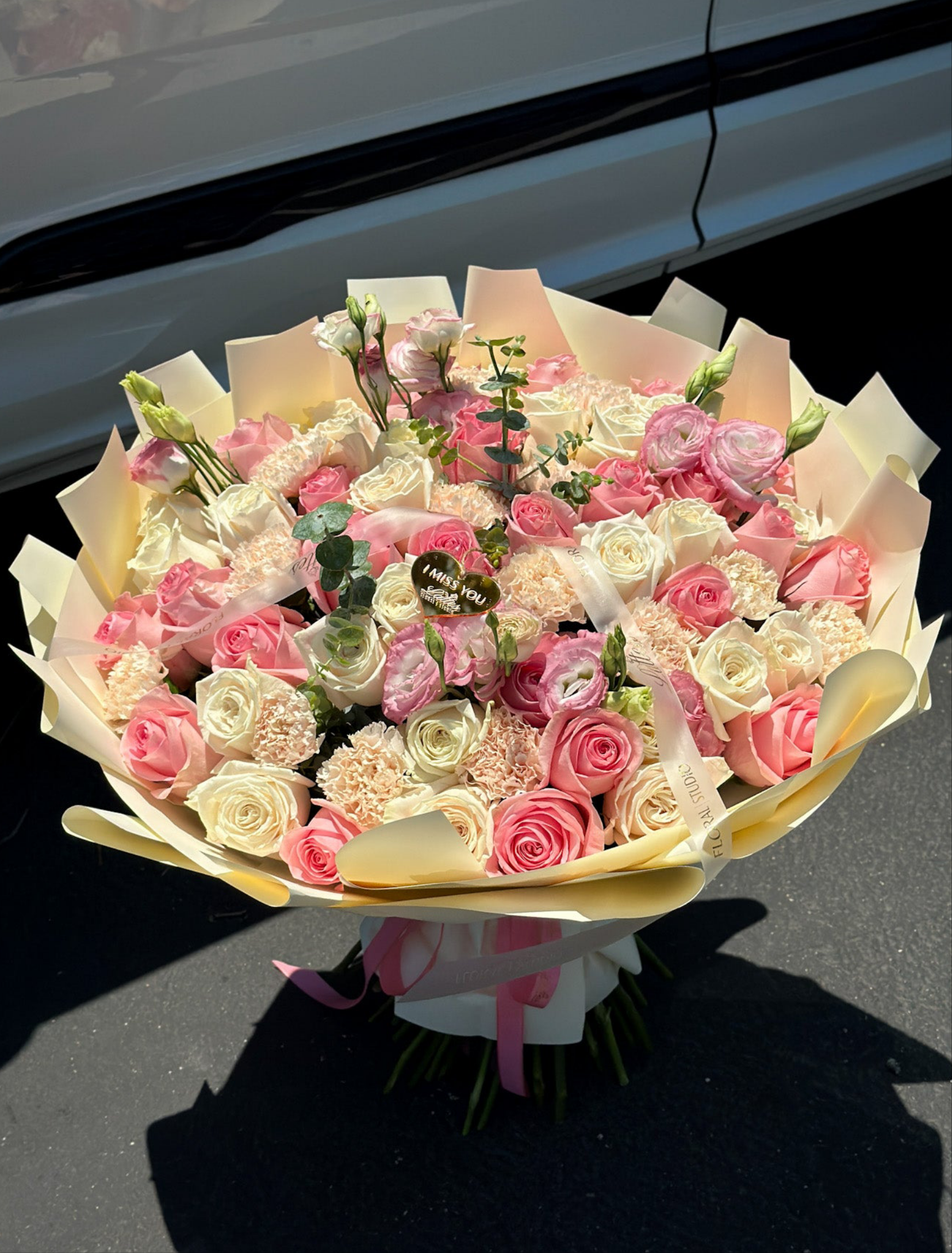 Blush Melody – Flower Bouquet with Pink Roses, White Spray Roses, Lisianthus & Carnation
