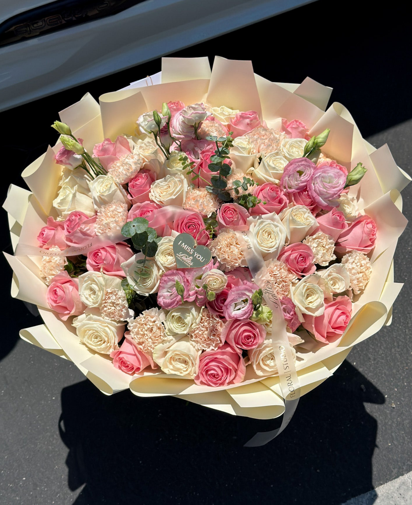 Blush Melody – Flower Bouquet with Pink Roses, White Spray Roses, Lisianthus & Carnation