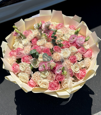 Blush Melody – Flower Bouquet with Pink Roses, White Spray Roses, Lisianthus & Carnation