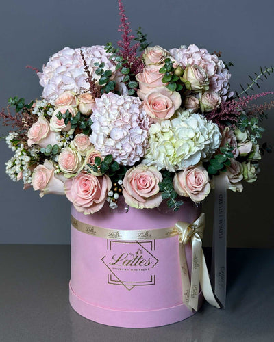 Abbraccio di Fiori pink rose and hydrangea flower box with eucalyptus in pink hat box for special occasions