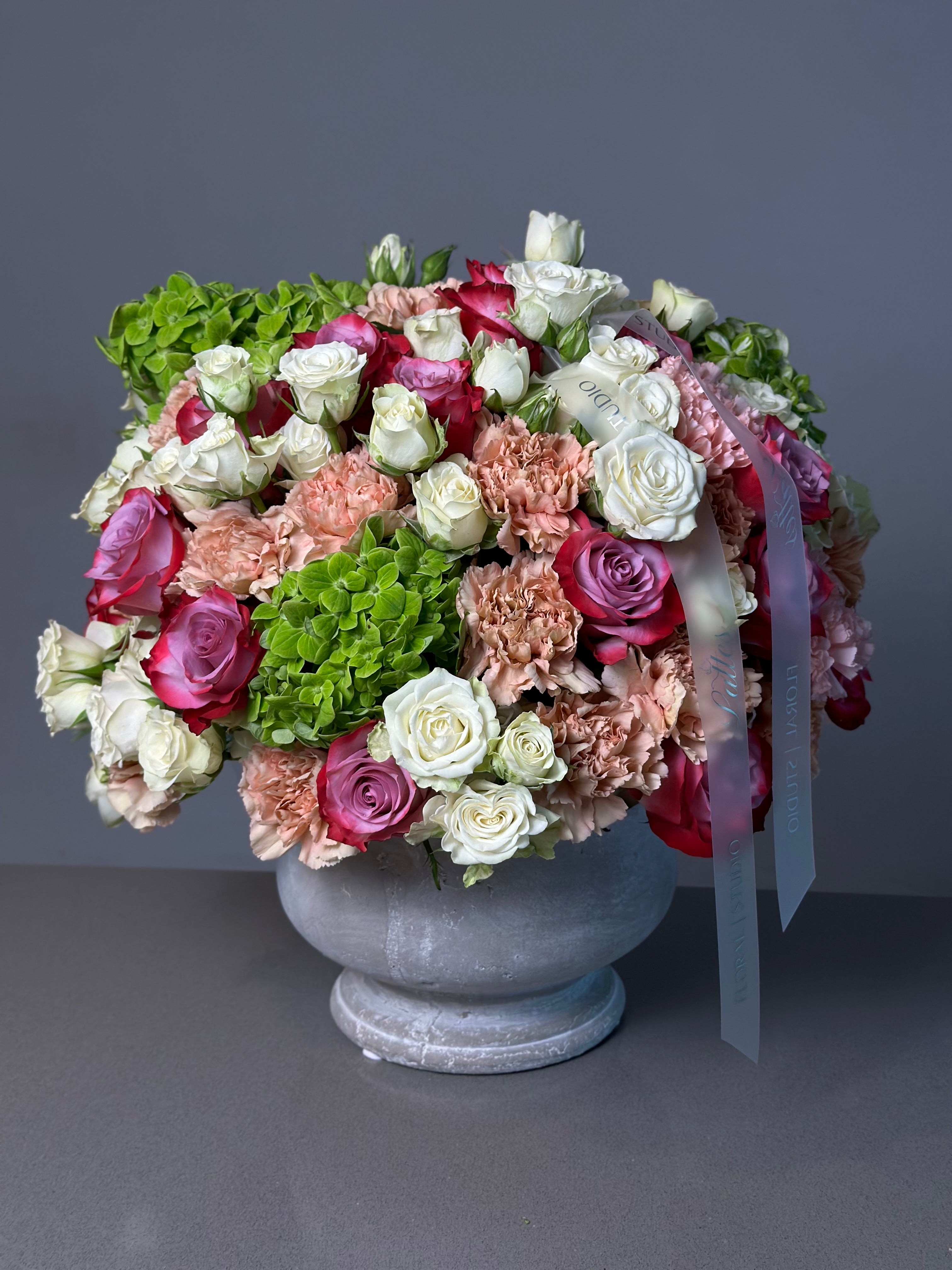 Chateau Chic - A Luxurious Rose and Hydrangea in a Vase Arrangement