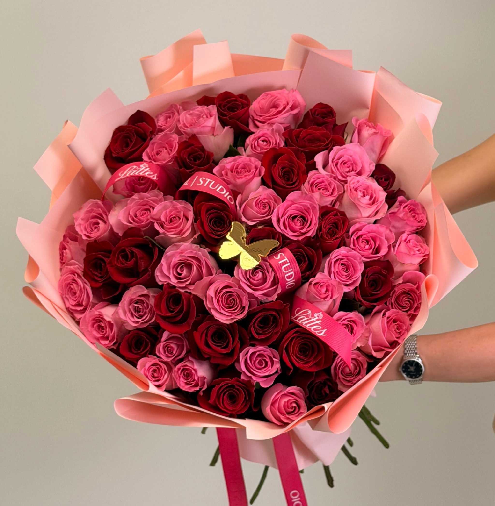 Berry Mix red and pink roses bouquet for Irvine flower delivery with luxury wrapping and gold butterfly charm