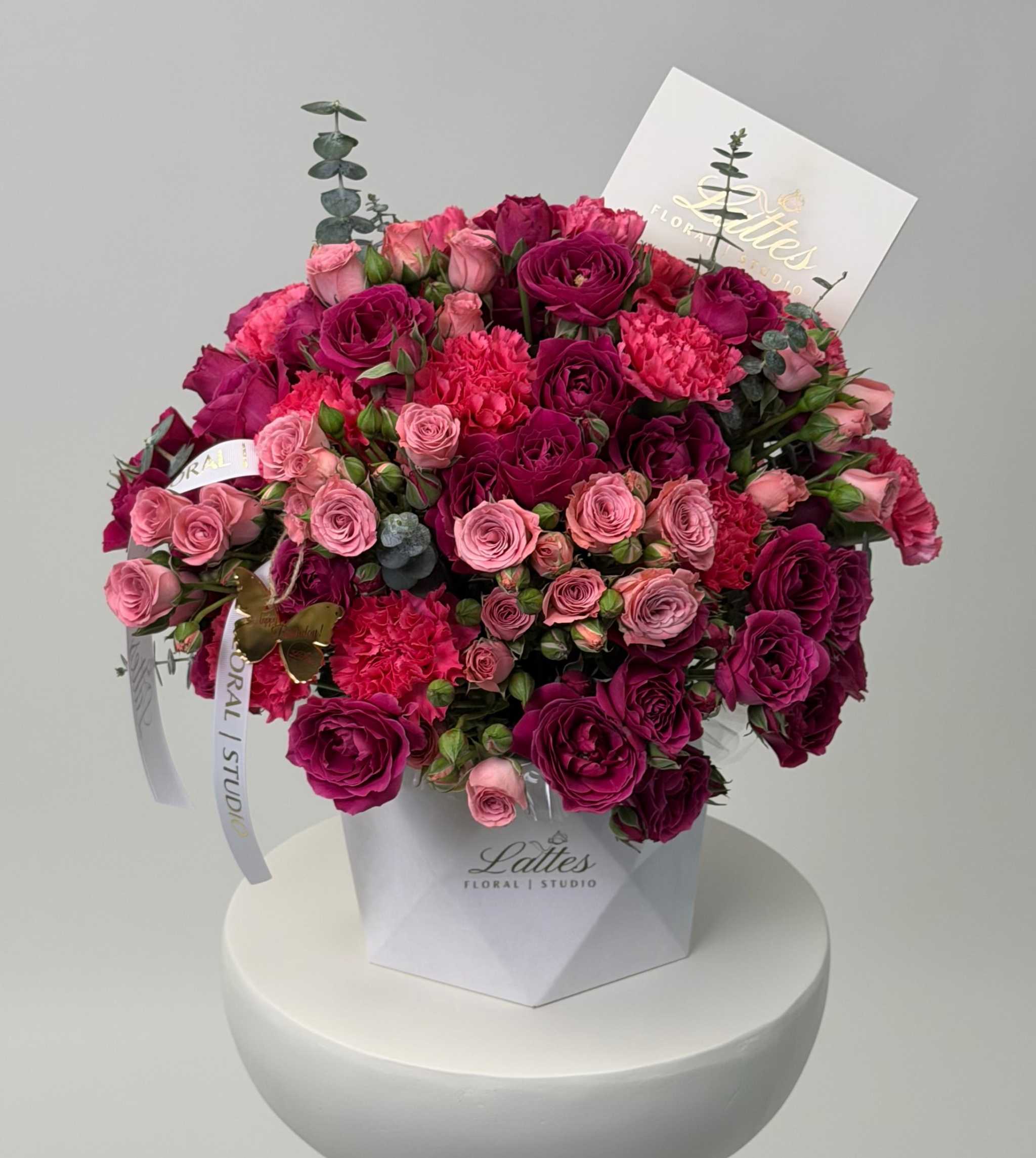 Pink Romance Flower Box with vibrant pink and red roses and carnations in a white geometric container
