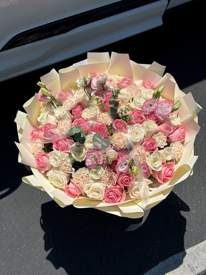 Blush Melody – Flower Bouquet with Pink Roses, White Spray Roses, Lisianthus & Carnation