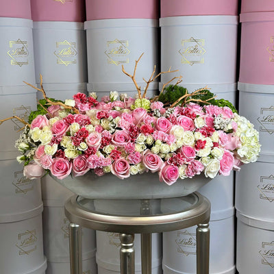 Elegant Pink Island Love floral arrangement with soft pink and pastel flowers