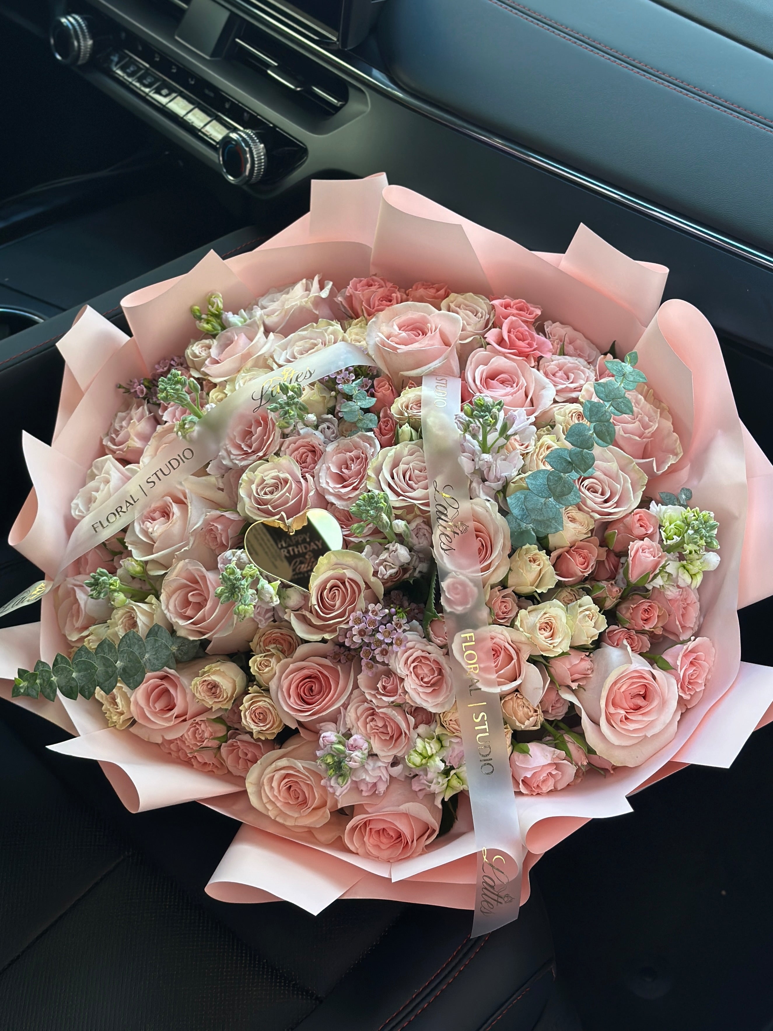 Blush Symphony – Flower Bouquet with Pink Roses, Spray Roses, Stock Flower & Eucalyptus