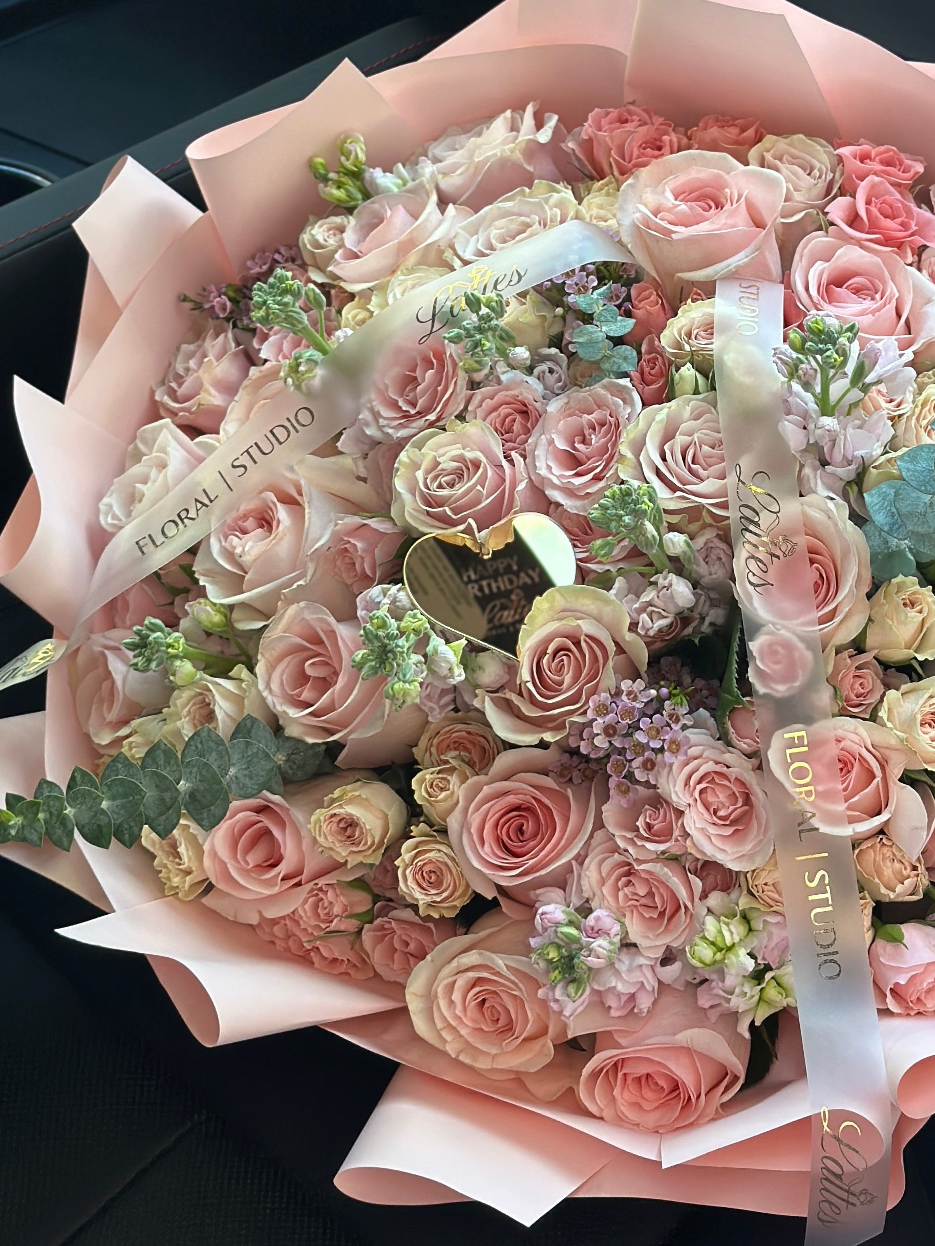 Blush Symphony – Flower Bouquet with Pink Roses, Spray Roses, Stock Flower & Eucalyptus