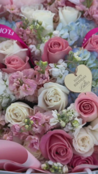 Pastel Skies – Mixed Roses, Blue Hydrangeas & Stock Bouquet
