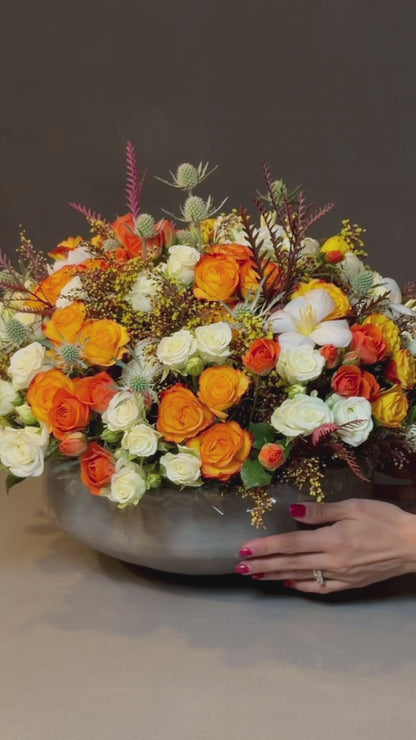 Autumn Glow Arrangement – Orange Roses, White Roses & Tulips