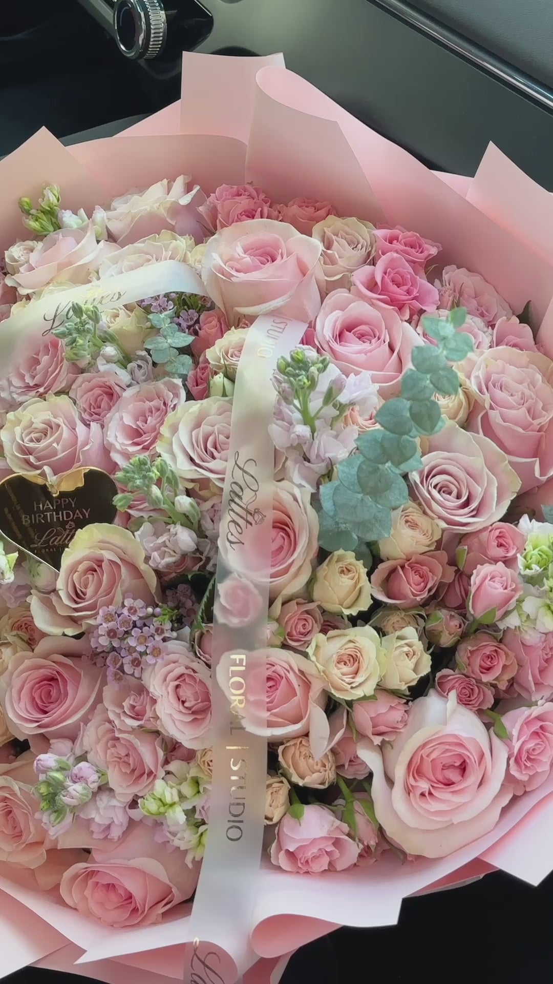 Blush Symphony – Flower Bouquet with Pink Roses, Spray Roses, Stock Flower & Eucalyptus