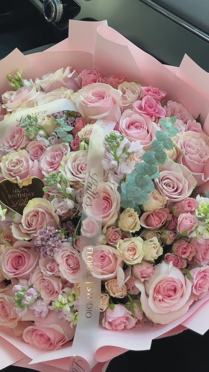 Blush Symphony – Flower Bouquet with Pink Roses, Spray Roses, Stock Flower & Eucalyptus